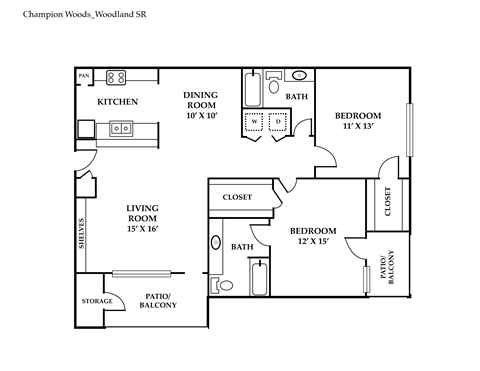Floor plan for 2 beds, 2 baths, 1214 sqft